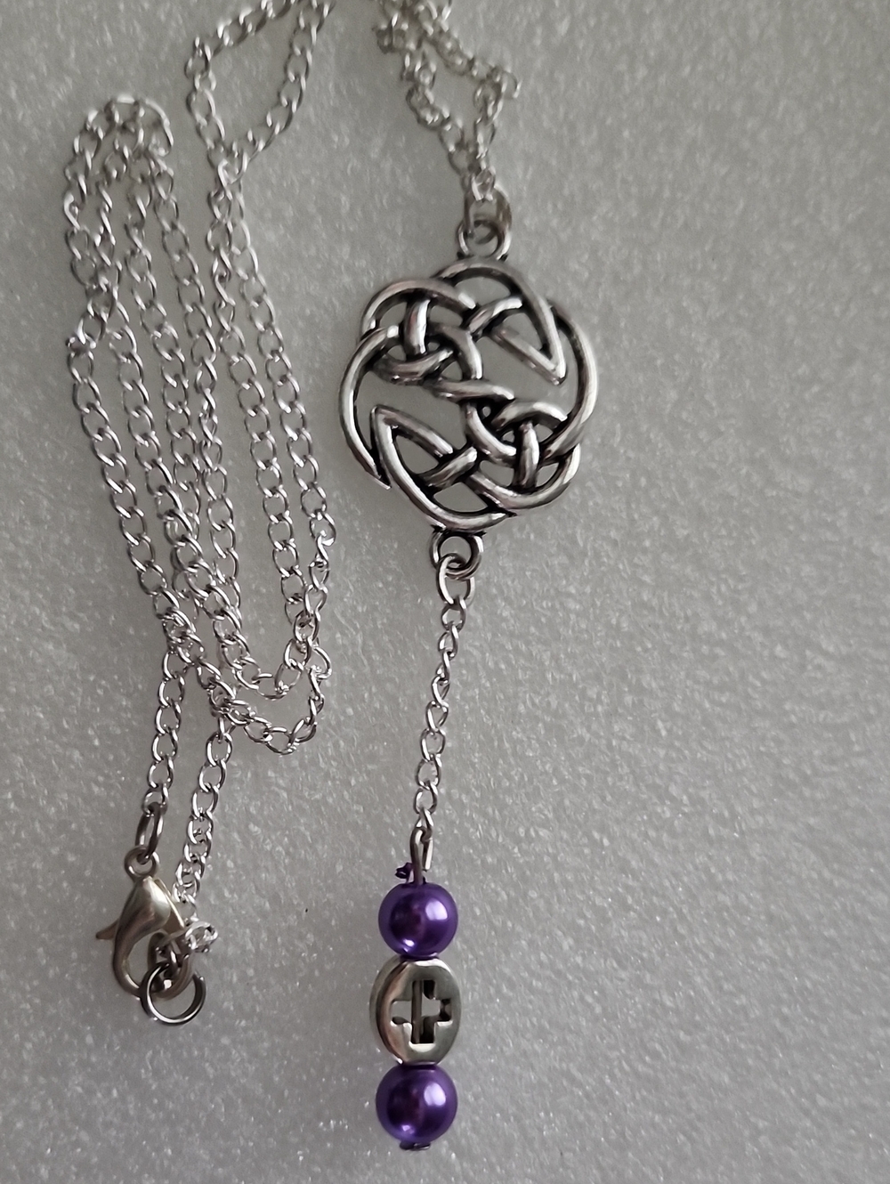 Hand Crafted Silver Celtic Pendant Necklace with Purple Beads